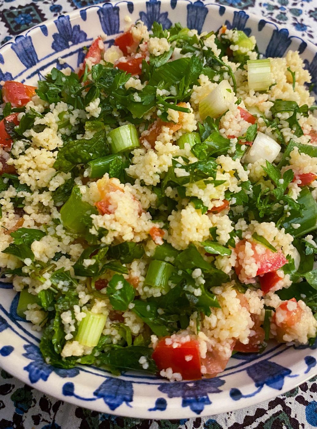 Lebanese couscous tabbouleh with parsley, mint, tomato and spring onion