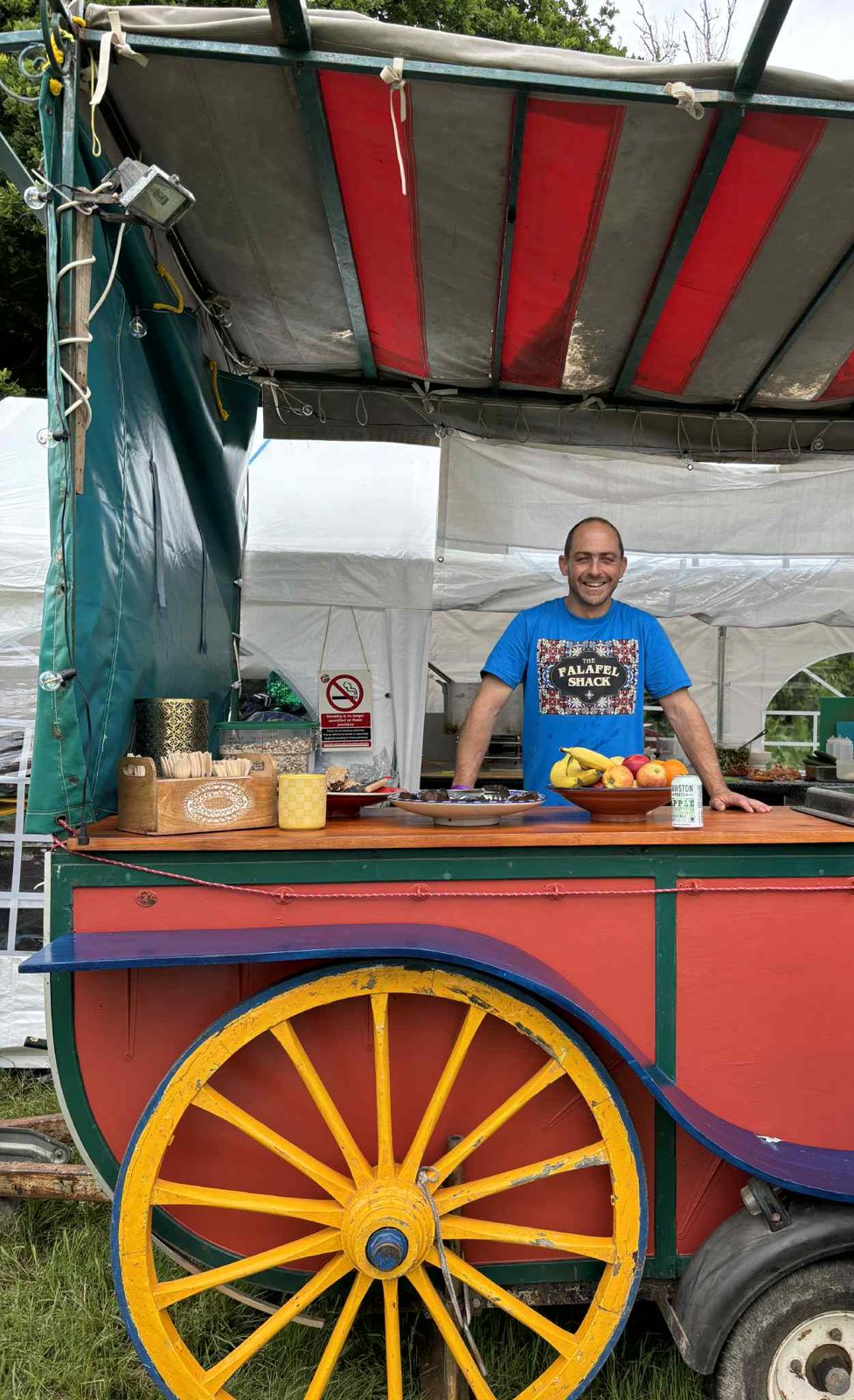 The red and yellow Falafel Shack wagon ready to serve